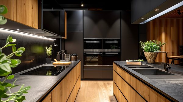 Idées élégantes de cuisine noir et bois pour votre maison